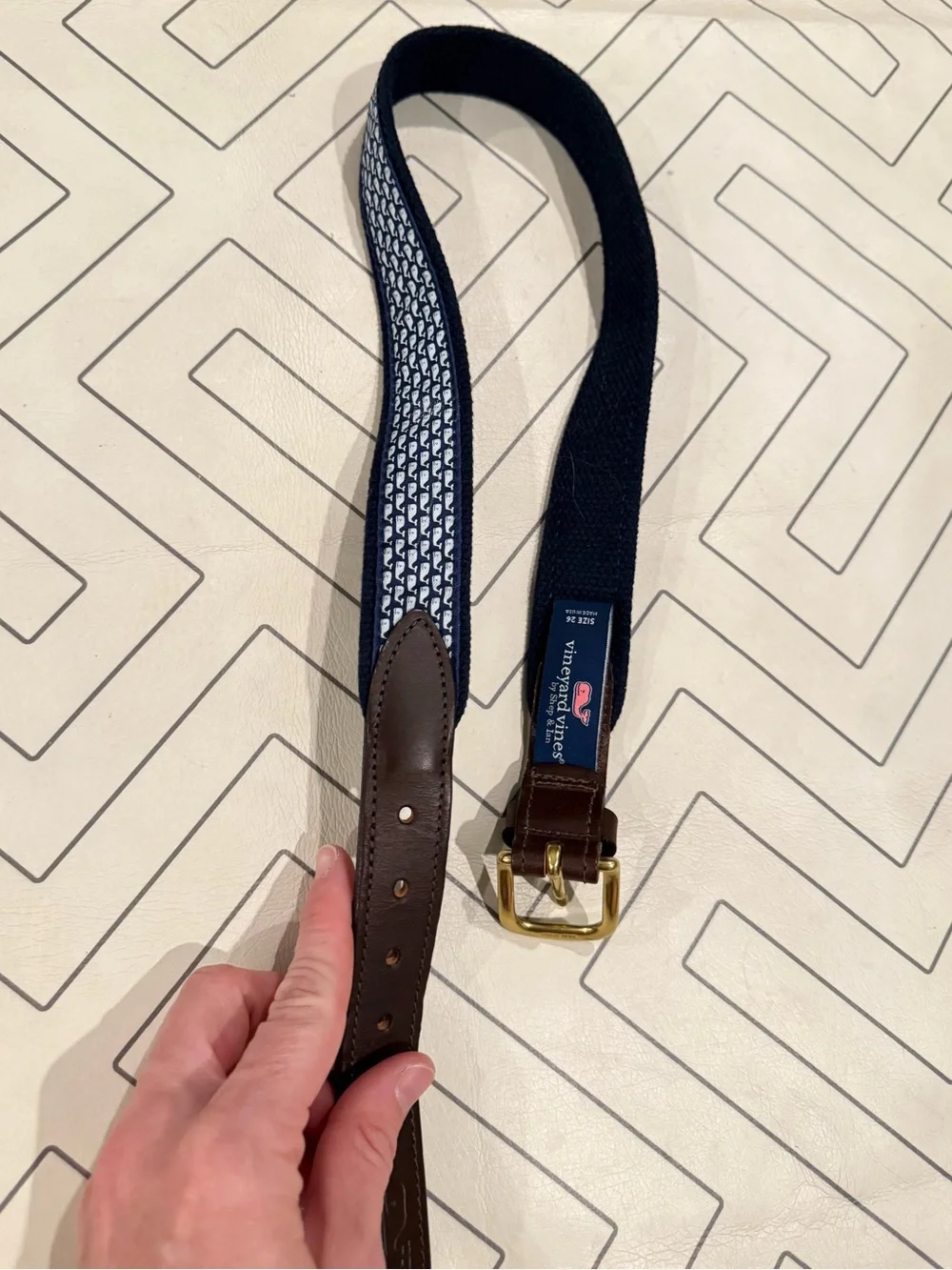 Vineyard Vines Navy Blue & White Whale Belt with Brown Leather Trim